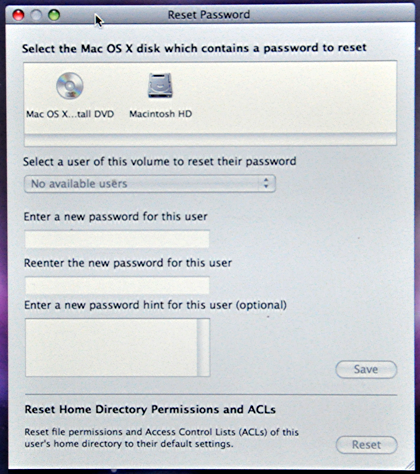 Using a password reset disk for mac os x 10.66 snow leopard